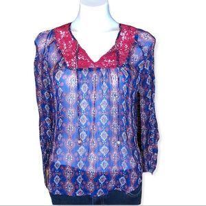 5/$25 LUCKY BRAND Sheer Floral Boho Top Lace Collar Long Sleeves Medium
